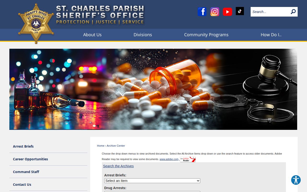 St. Charles Parish Sheriff Archive Center search controls