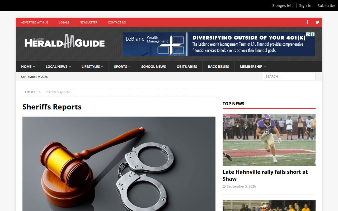 Herald-Guide Sheriff's Reports page covering St. Charles Parish arrests